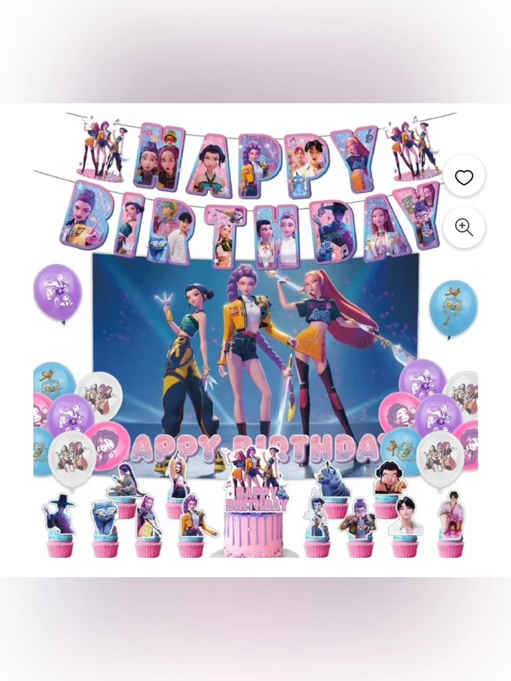K-pop Demon Hunters birthday party set backdrop banner balloons & cake toppers